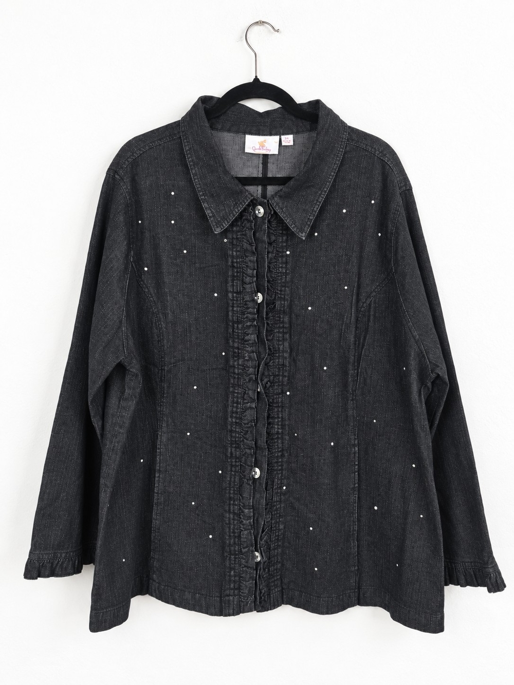 Quacker Factory 2X Black Denim Rhinestone Ruffle Jacket Whimsigoth Western